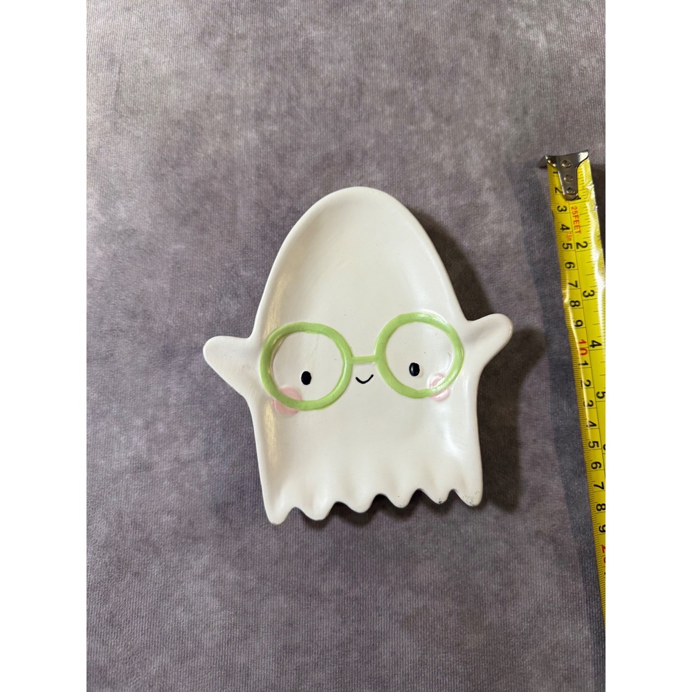 Holiday Home Ghost Trinket Dish Ceramic Halloween Decor White Green Glasses
